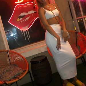 White two piece maxi dress and crop top